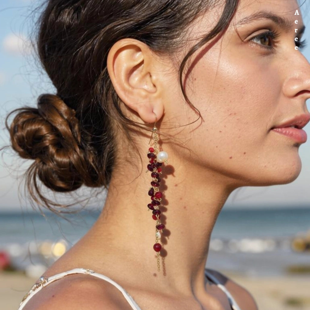 Wine Red Garnet Cluster Earrings with Baroque Pearl | Gold-Tone Drops
