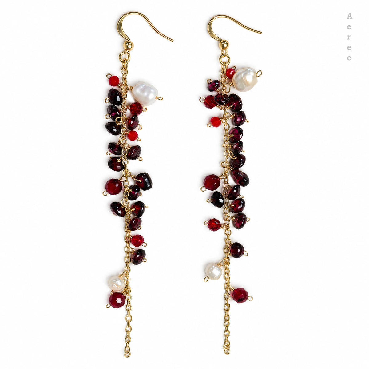 Wine Red Garnet Cluster Earrings with Baroque Pearl | Gold-Tone Drops