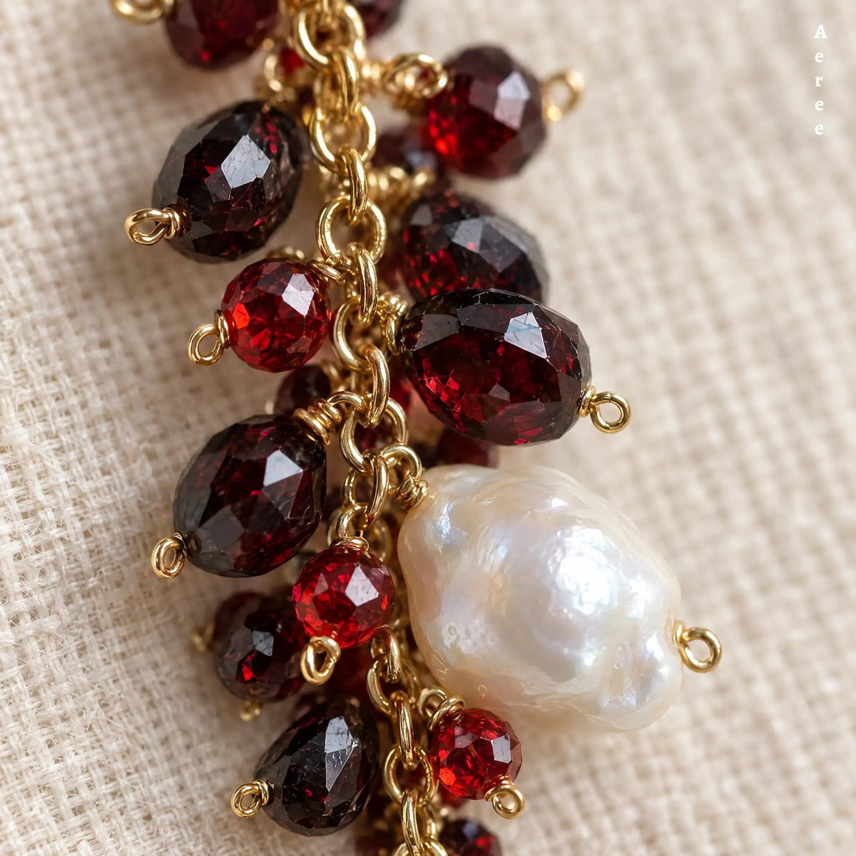 Wine Red Garnet Cluster Earrings with Baroque Pearl | Gold-Tone Drops