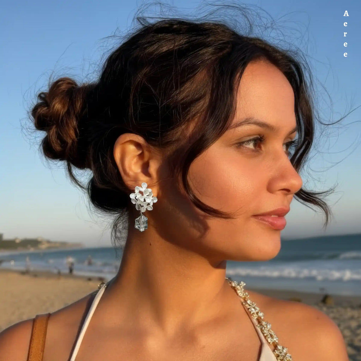 Silver Flower Cluster Drop Earrings | Mint Green Crystal Nugget Drop