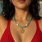 Green Aventurine Necklace with Coral Charm & Real Pearl | Genuine Gemstone