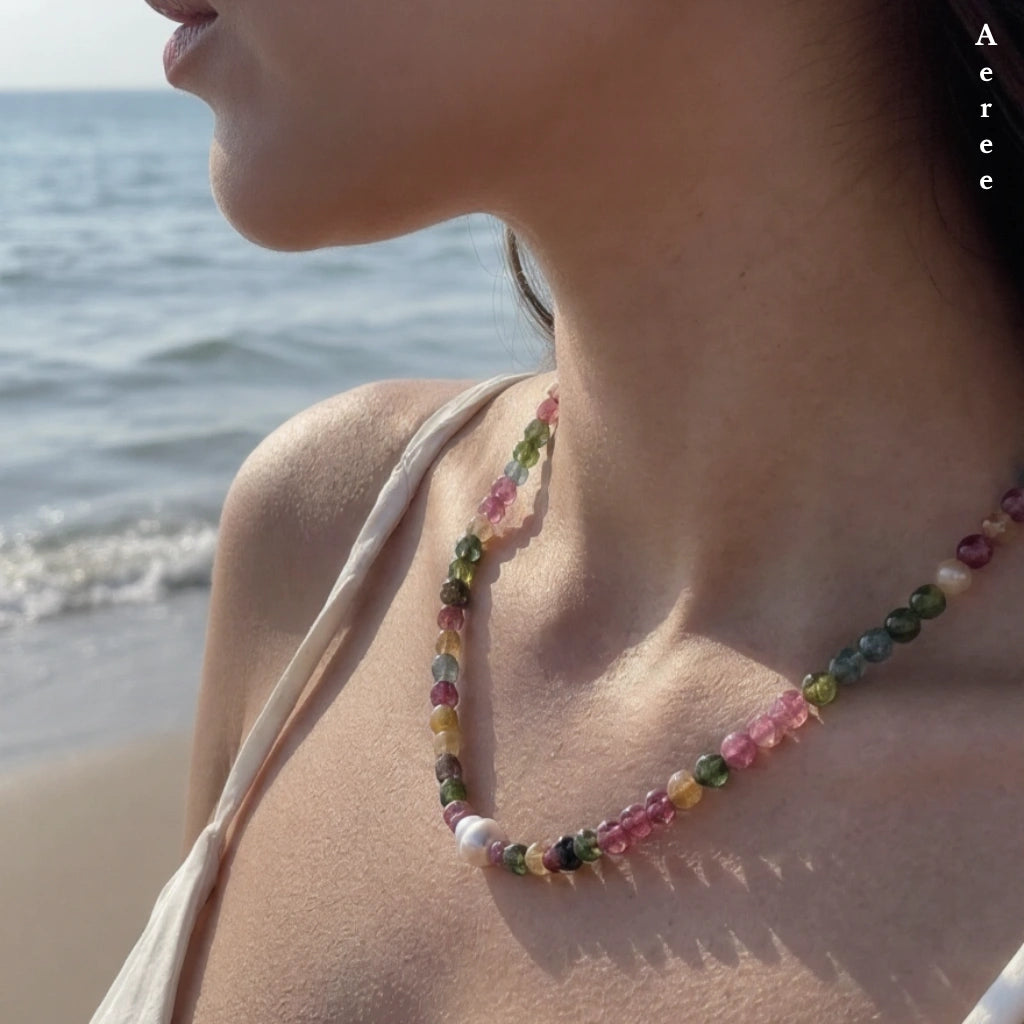 Tourmaline mix necklace, one pearl moment — that girl era