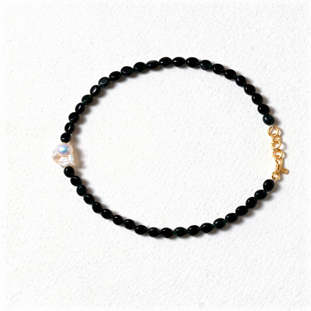 Black Onyx Beaded Necklace with Baroque Pearl Accent | Genuine Gemstone