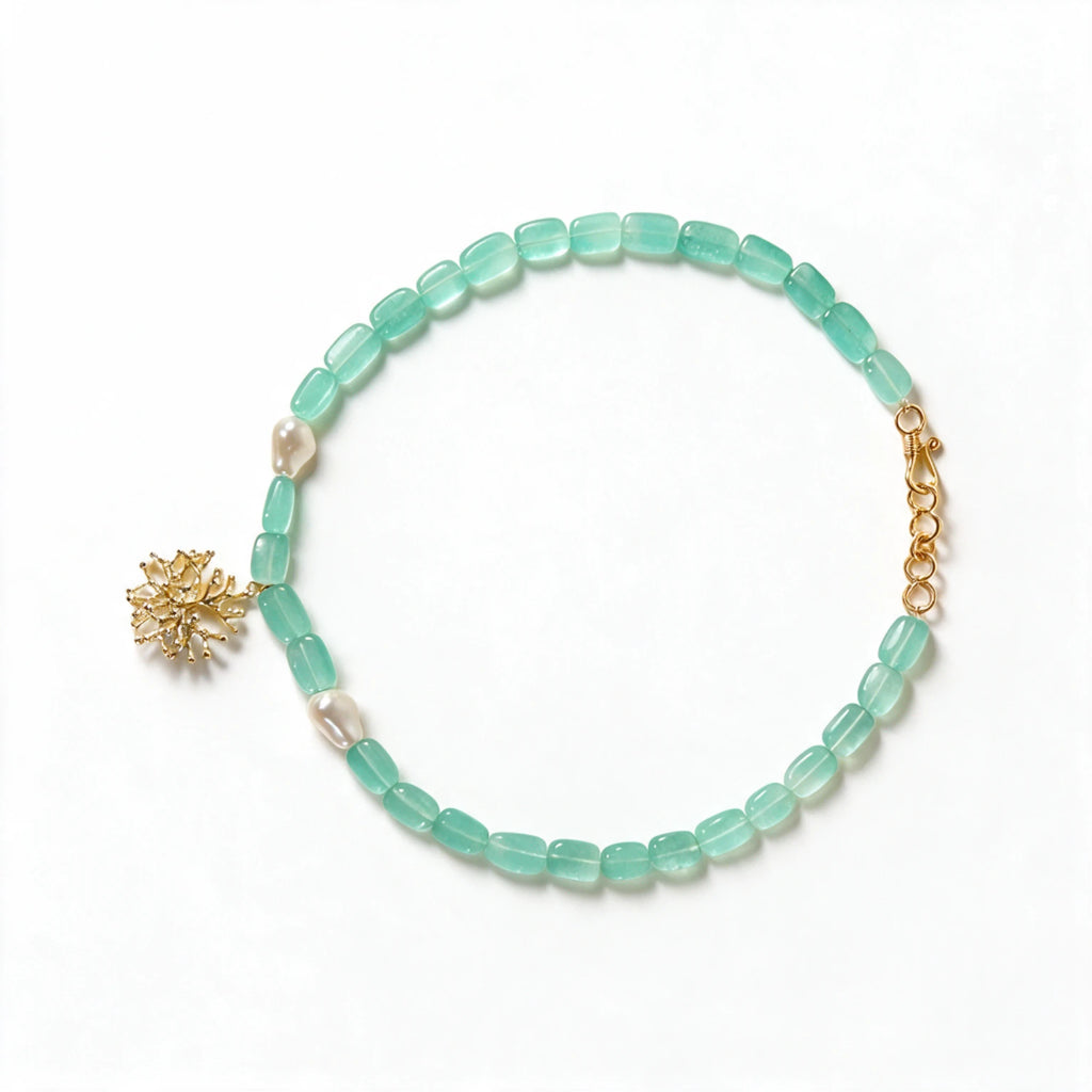 Green Aventurine Necklace with Coral Charm & Real Pearl | Genuine Gemstone