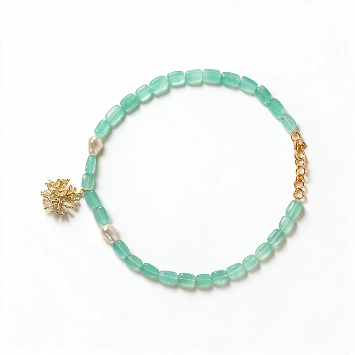 Green Aventurine Necklace with Coral Charm & Real Pearl | Genuine Gemstone