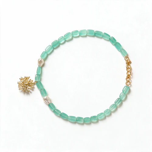 Green Aventurine Necklace with Coral Charm & Real Pearl | Genuine Gemstone