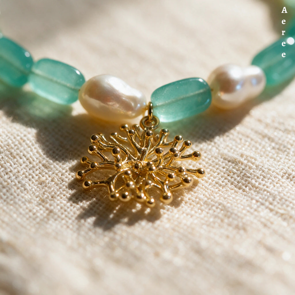 Green Aventurine Necklace with Coral Charm & Real Pearl | Genuine Gemstone
