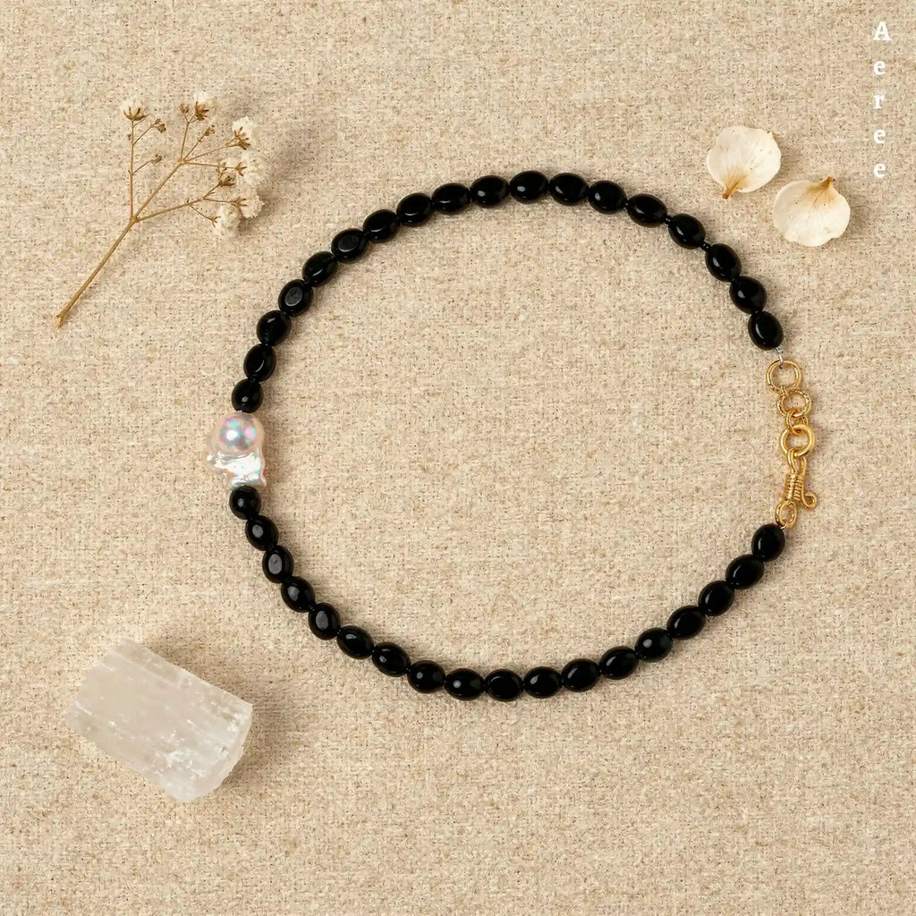 Black Onyx Beaded Necklace with Baroque Pearl Accent | Genuine Gemstone