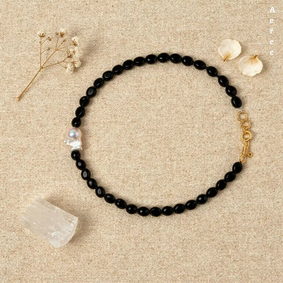 Black Onyx Beaded Necklace with Baroque Pearl Accent | Genuine Gemstone