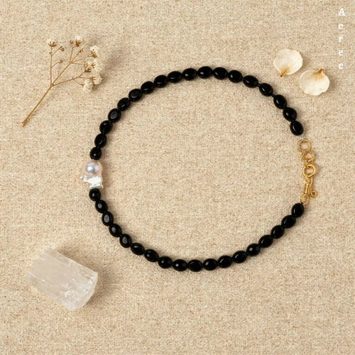 Black Onyx Beaded Necklace with Baroque Pearl Accent | Genuine Gemstone