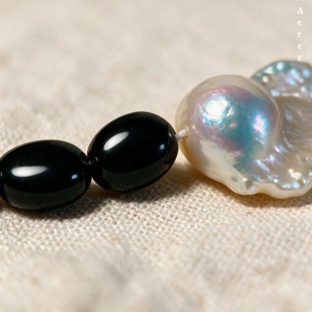 Black Onyx Beaded Necklace with Baroque Pearl Accent | Genuine Gemstone
