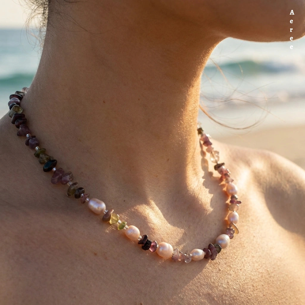 Mixed Tourmaline Chip Choker | Pink Freshwater Pearl | Genuine Gemstone
