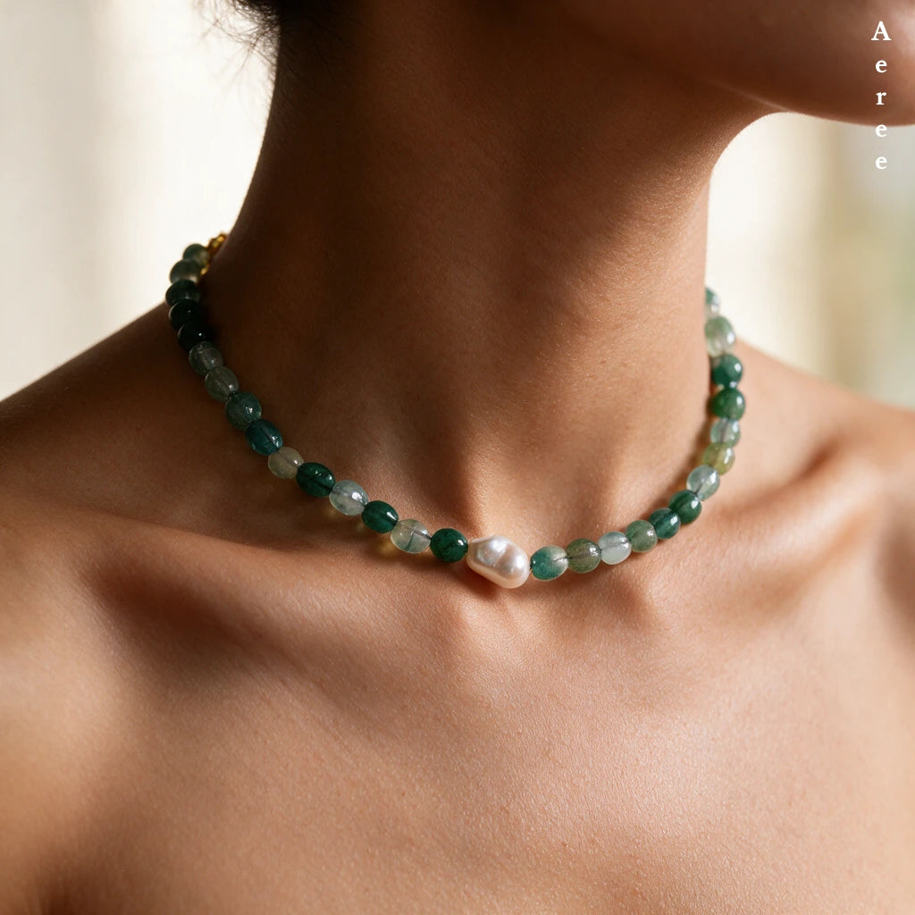 Green Moss Agate & Pearl Necklace — Your Everyday Nature Layer