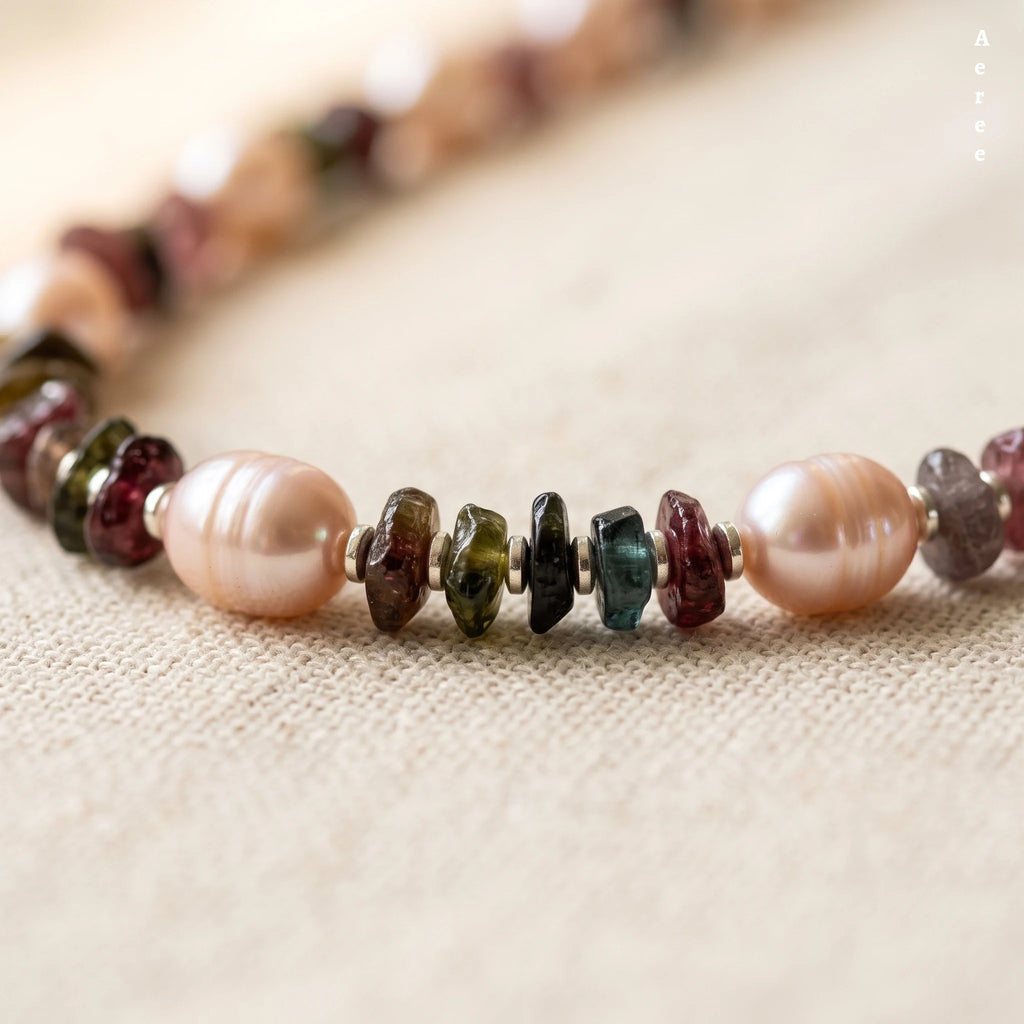 Mixed Tourmaline Chip Choker | Pink Freshwater Pearl | Genuine Gemstone