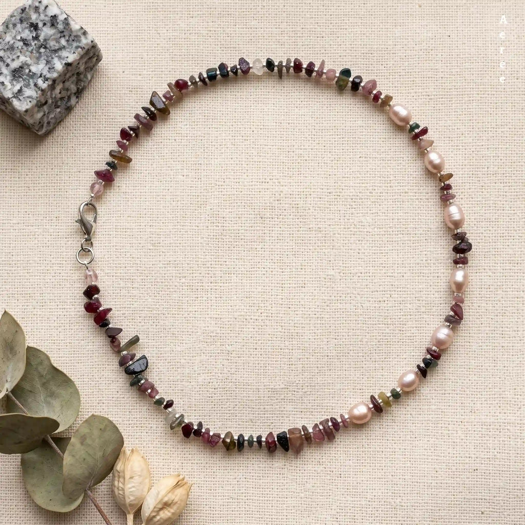 Mixed Tourmaline Chip Choker | Pink Freshwater Pearl | Genuine Gemstone