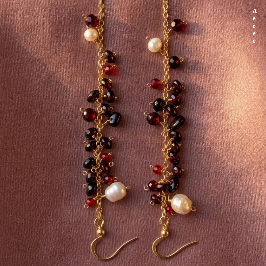 Wine Red Garnet Cluster Earrings with Baroque Pearl | Gold-Tone Drops