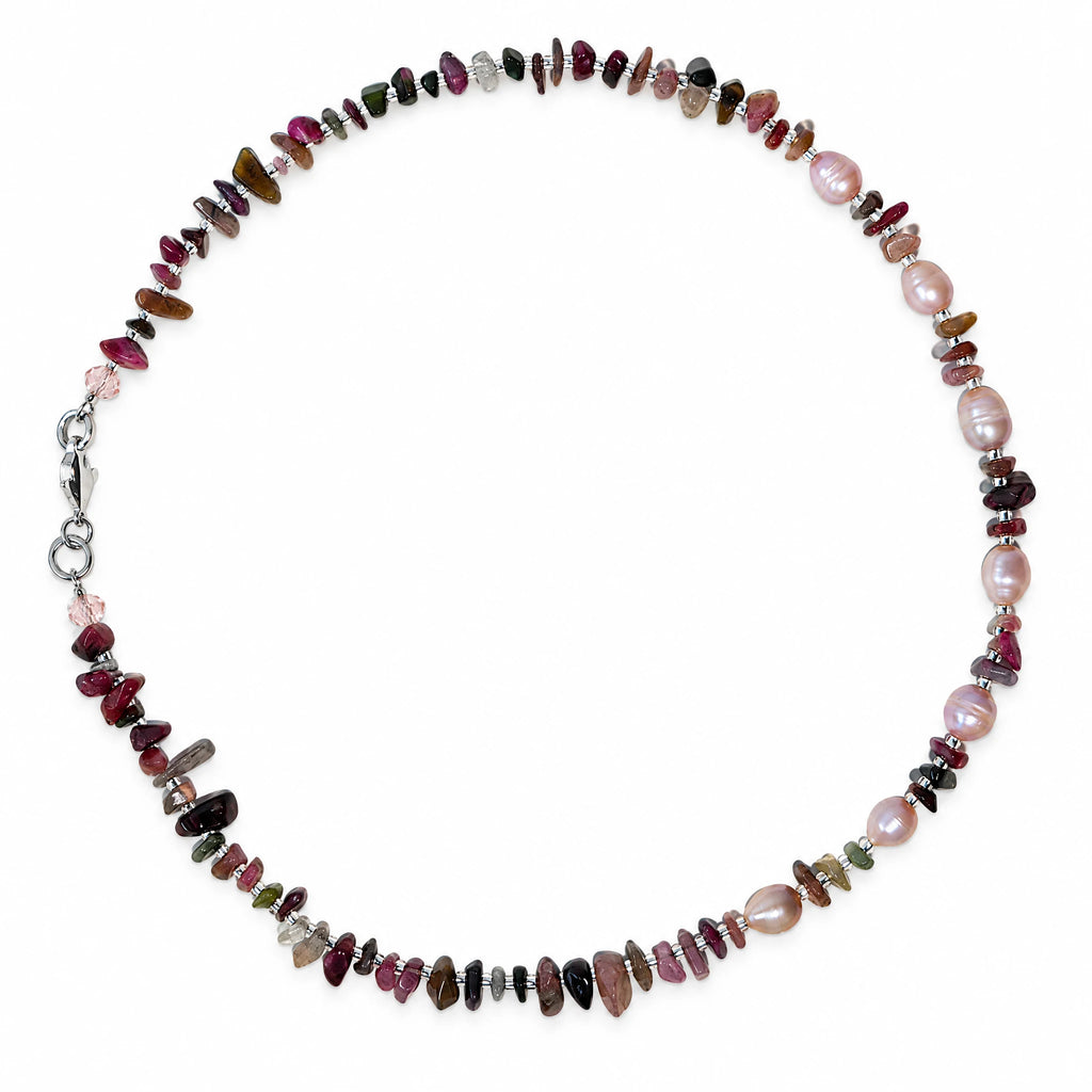 Mixed Tourmaline Chip Choker | Pink Freshwater Pearl | Genuine Gemstone