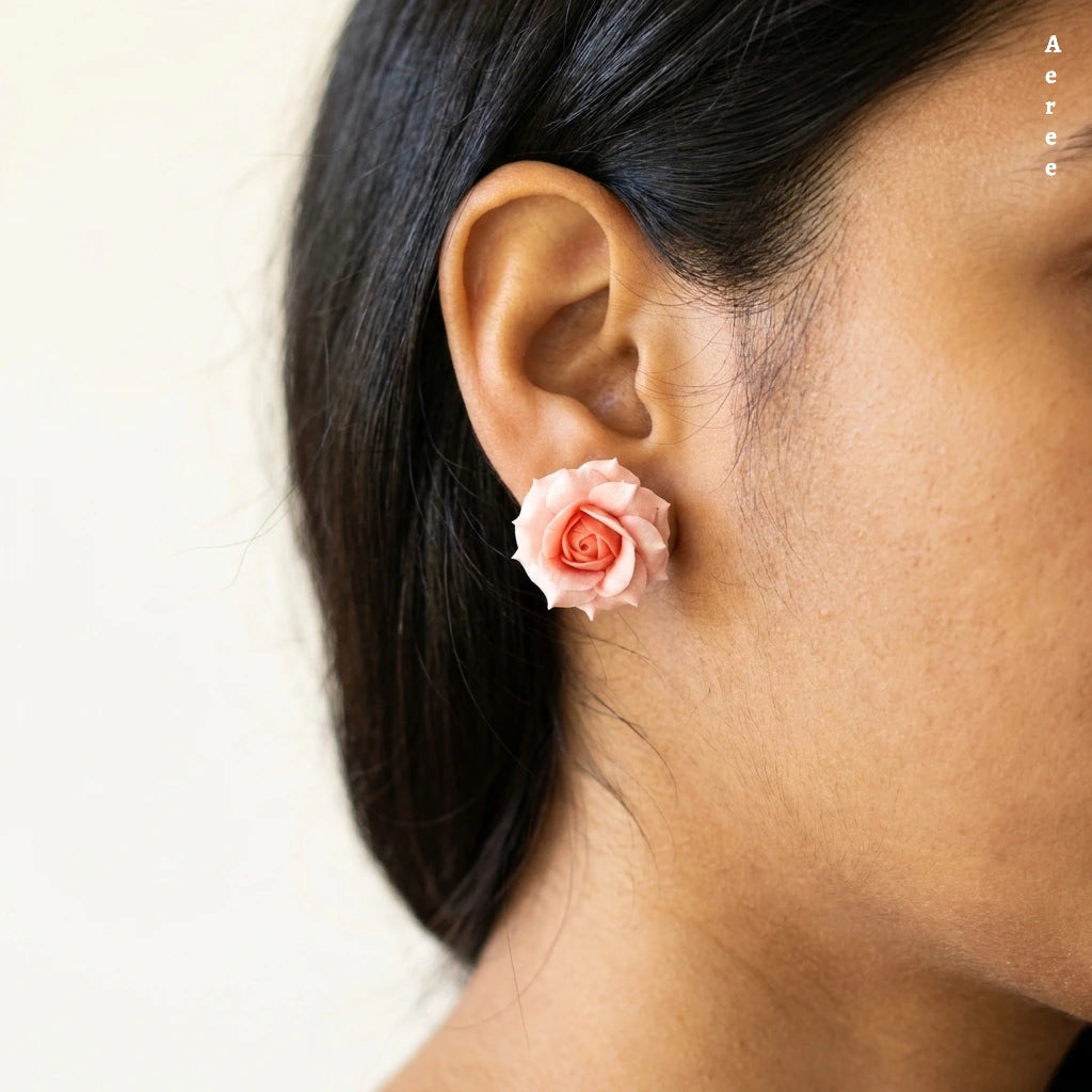 Blush Pink Rose Stud Earrings | Hand-Sculpted Flower Studs | Handmade