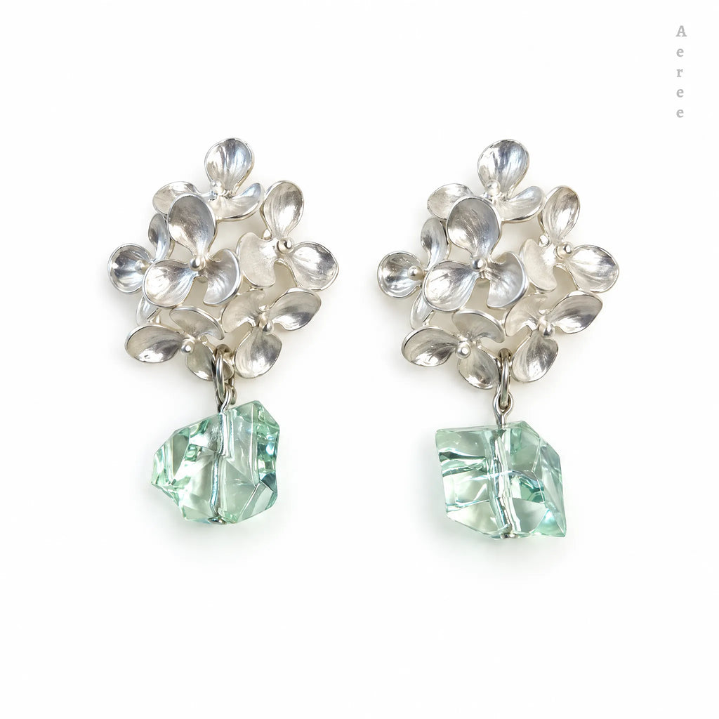 Silver Flower Cluster Drop Earrings | Mint Green Crystal Nugget Drop