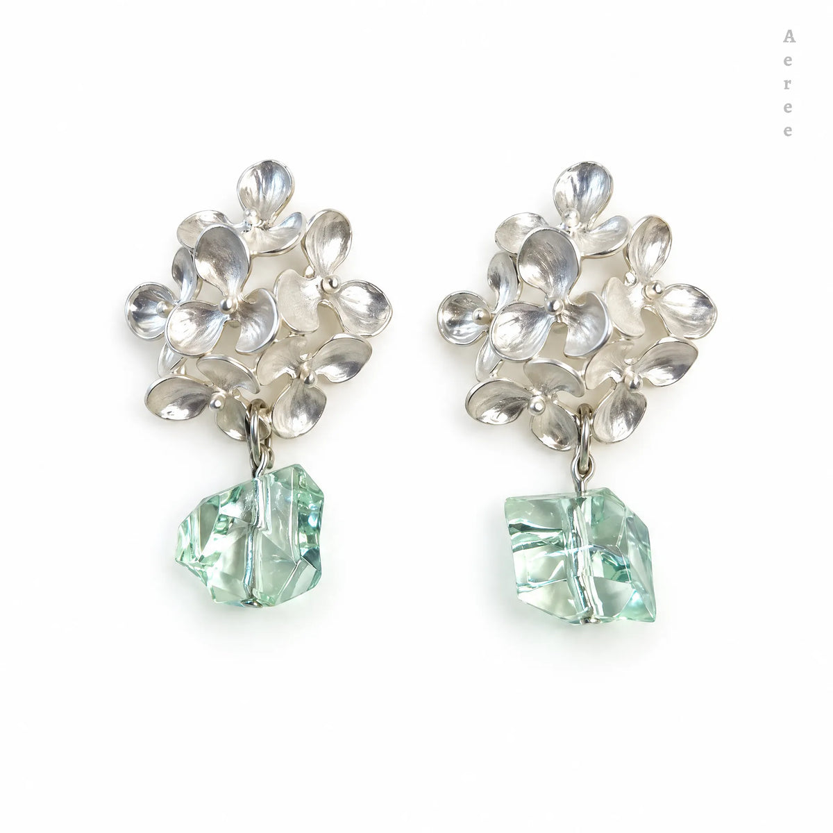 Silver Flower Cluster Drop Earrings | Mint Green Crystal Nugget Drop