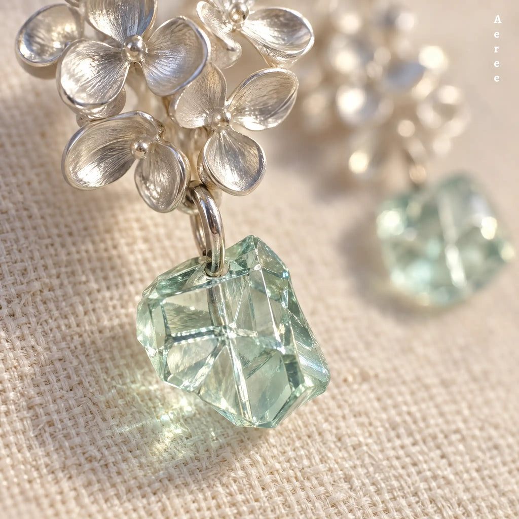 Silver Flower Cluster Drop Earrings | Mint Green Crystal Nugget Drop
