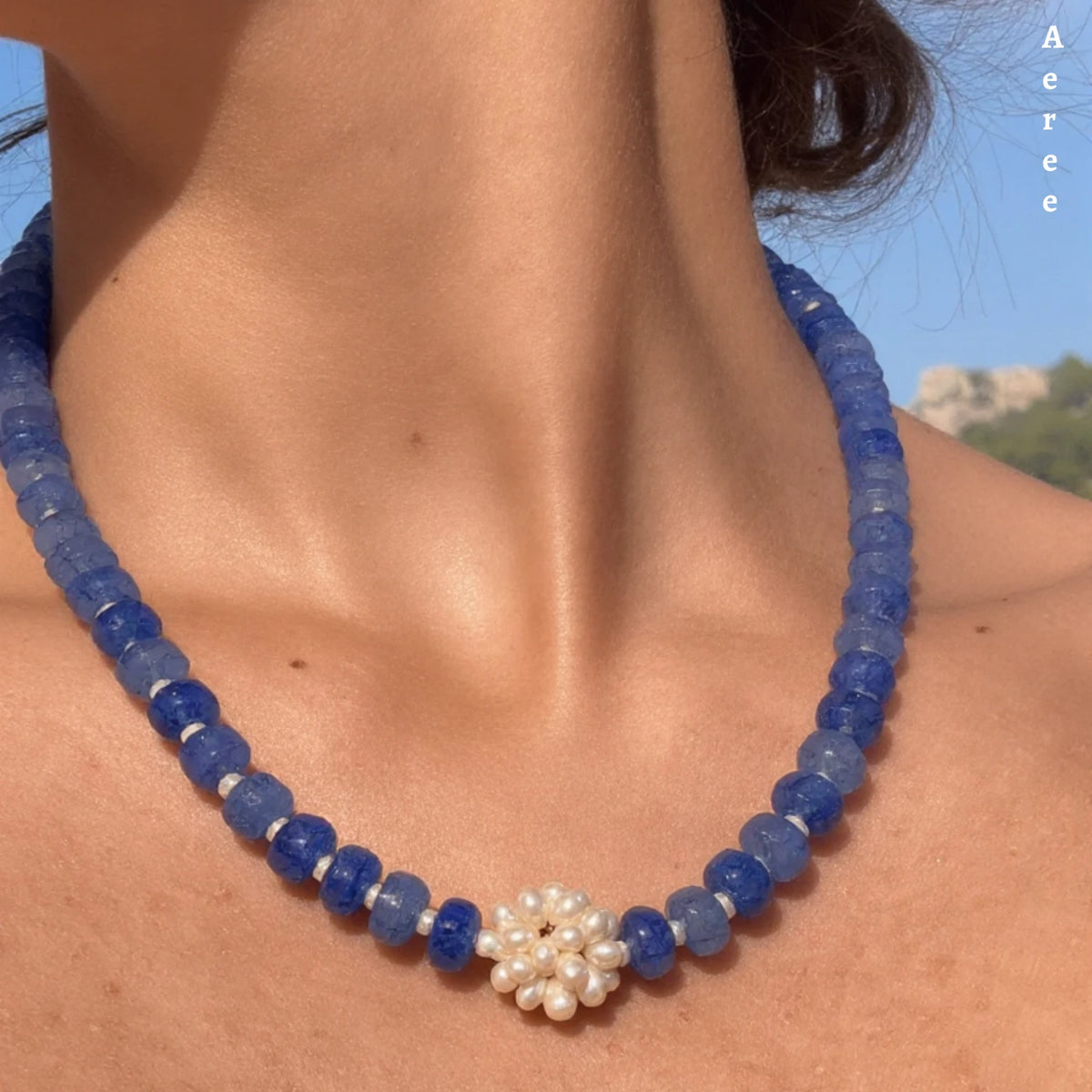 Ocean Blue Necklace with Real Pearl Flower — Your Everyday Blue Layer