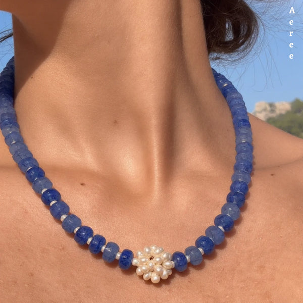Ocean Blue Necklace with Real Pearl Flower — Your Everyday Blue Layer